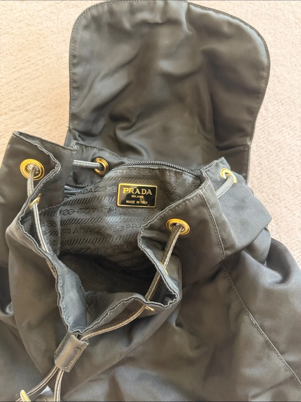 Prada Black Nylon Drawstring Flap Backpack